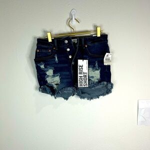 Almost Famous High Rise Distressed Denim Shorts Size 3 Dark Wash Frayed Hem